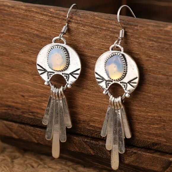 Bohemian Silver Plated and Synthetic Moonstone Fringe Drop Dangle Earrings - Picture 2 of 2
